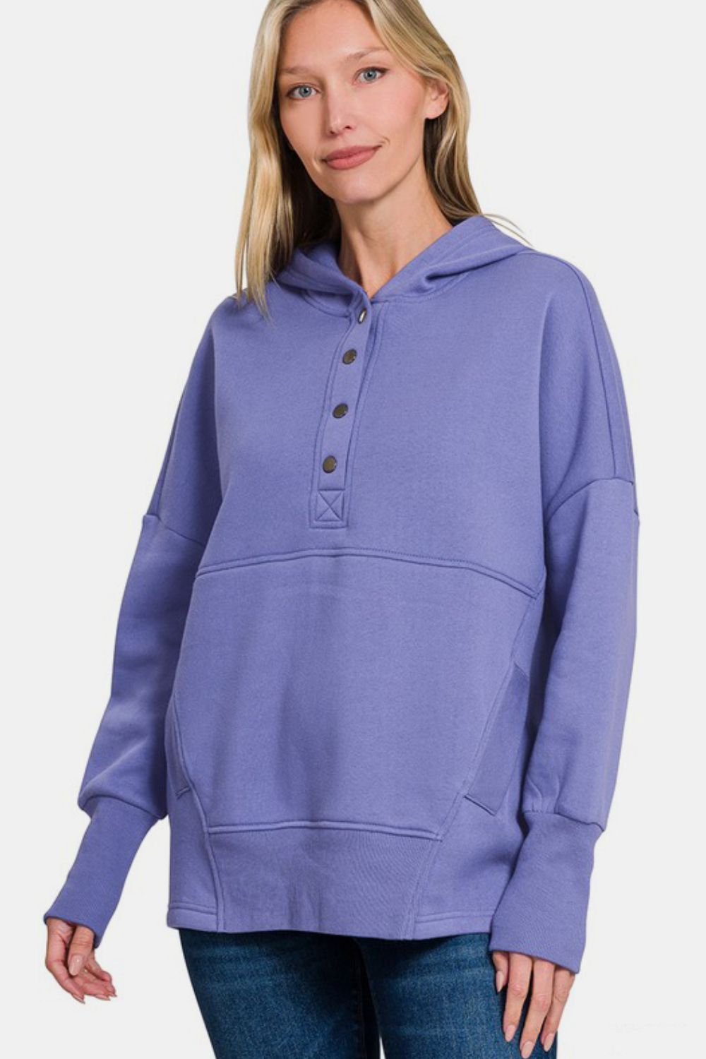 Zenana Half Snap Long Sleeve Hoodie with Kangaroo Pocket - Grit & Grace Designs