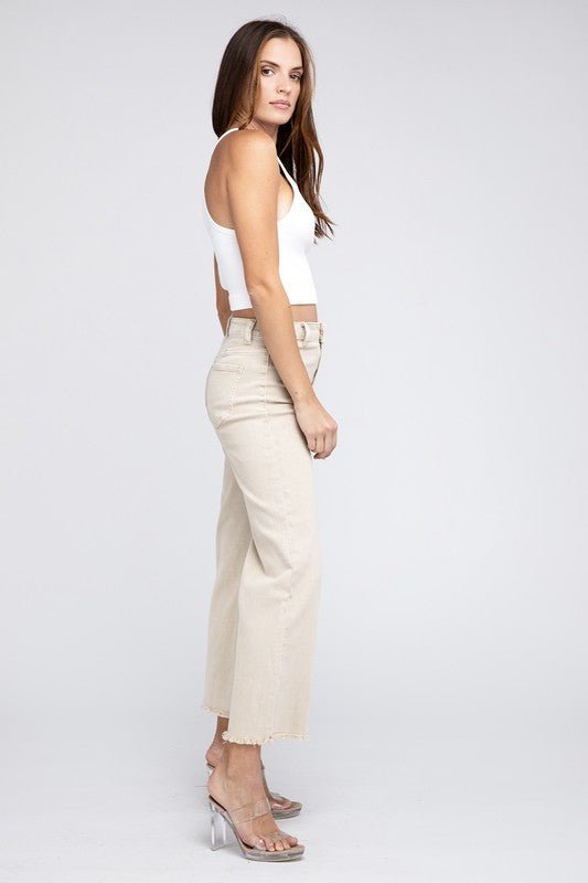 Acid Wash Frayed Cutoff Hem Straight Wide Pants - Grit & Grace Designs