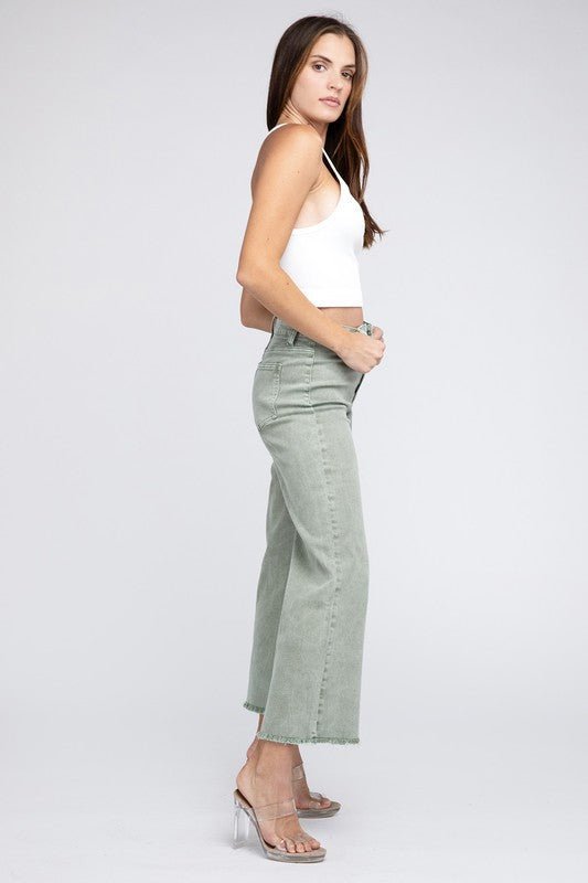 Acid Wash Frayed Cutoff Hem Straight Wide Pants - Grit & Grace Designs