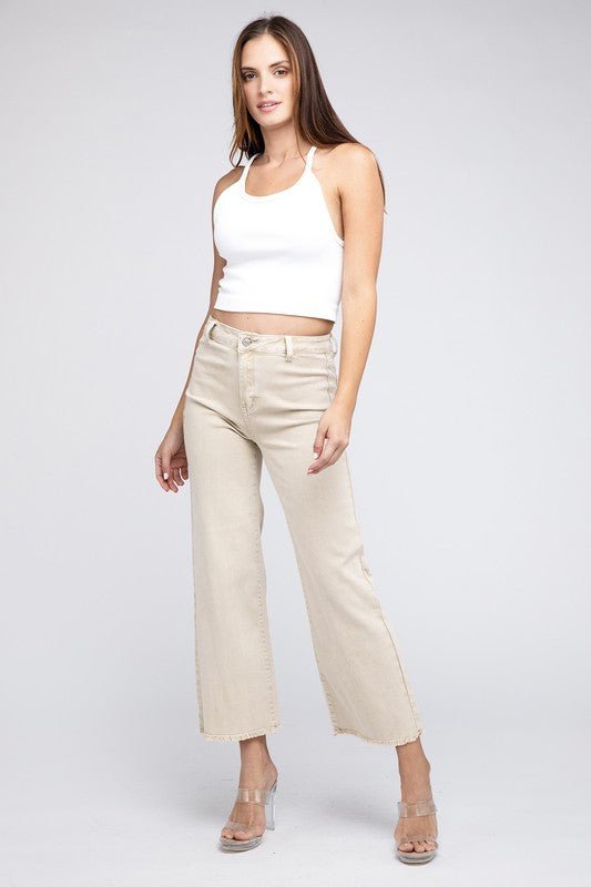 Acid Wash Frayed Cutoff Hem Straight Wide Pants - Grit & Grace Designs