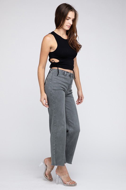 Acid Wash Frayed Cutoff Hem Straight Wide Pants - Grit & Grace Designs