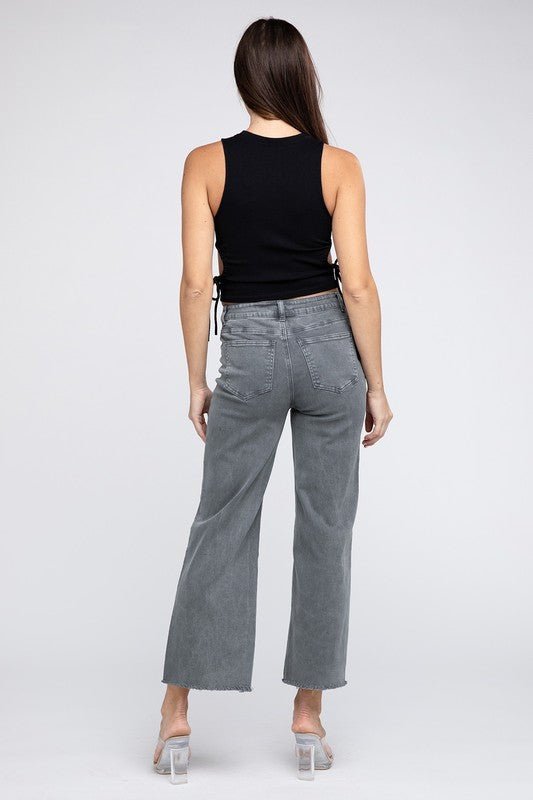 Acid Wash Frayed Cutoff Hem Straight Wide Pants - Grit & Grace Designs