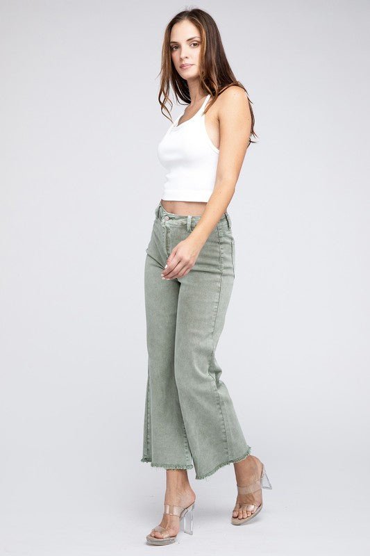 Acid Wash Frayed Cutoff Hem Straight Wide Pants - Grit & Grace Designs