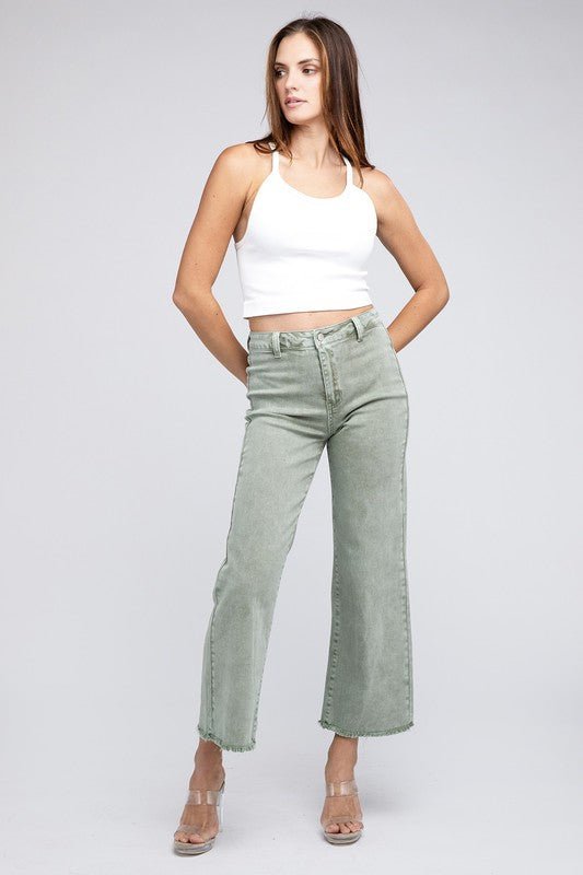 Acid Wash Frayed Cutoff Hem Straight Wide Pants - Grit & Grace Designs