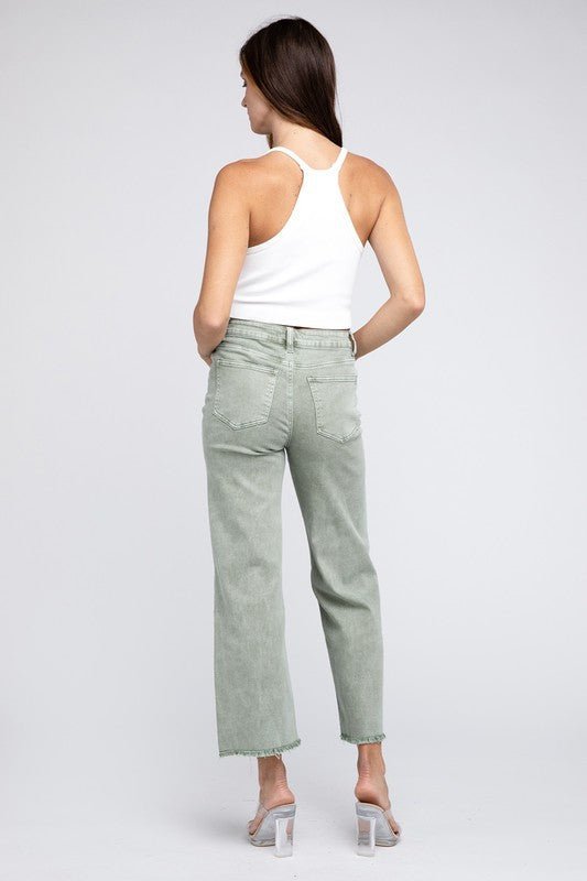 Acid Wash Frayed Cutoff Hem Straight Wide Pants - Grit & Grace Designs