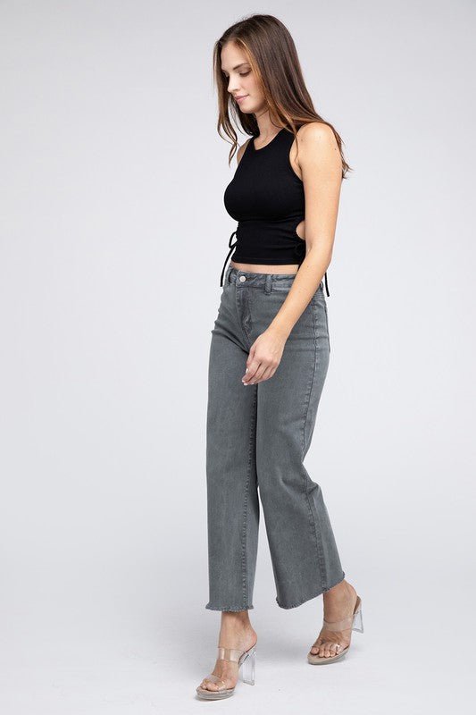 Acid Wash Frayed Cutoff Hem Straight Wide Pants - Grit & Grace Designs