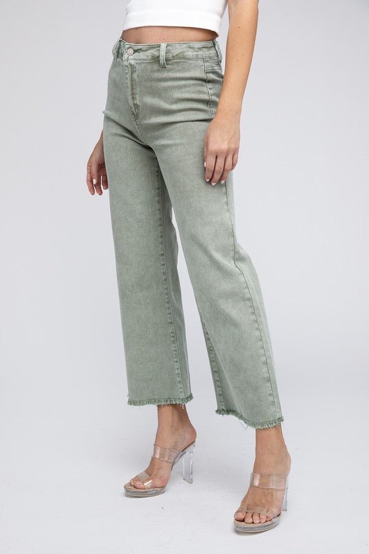 Acid Wash Frayed Cutoff Hem Straight Wide Pants - Grit & Grace Designs