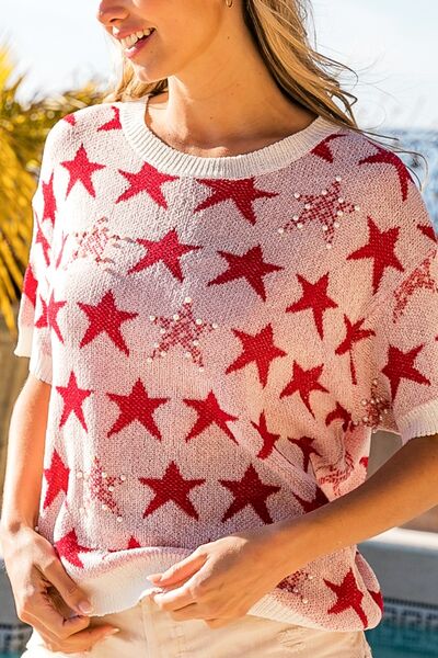 BiBi Star Pattern Round Neck Short Sleeve Knit Top - Grit & Grace Designs