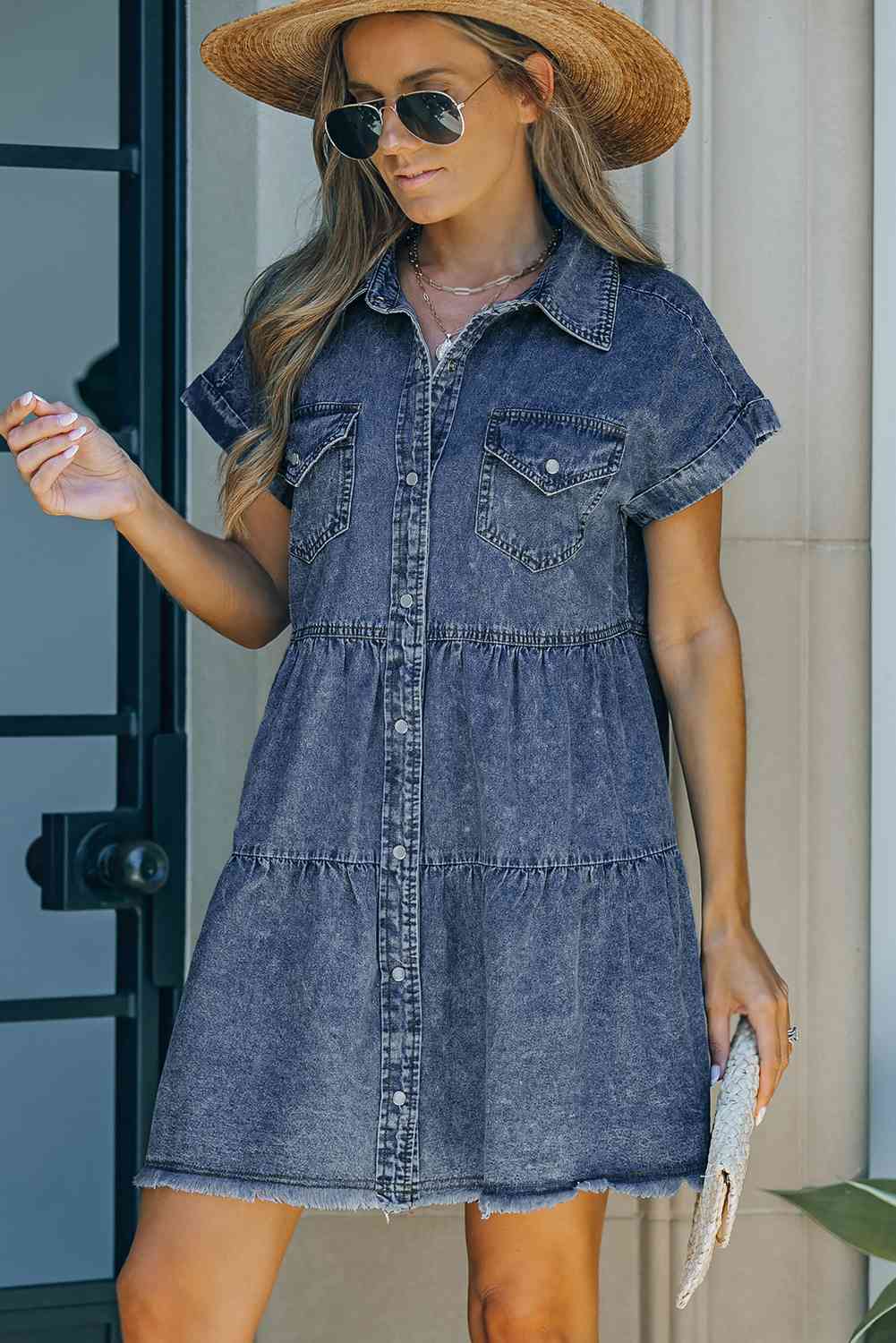 Button Front Raw Hem Denim Dress - Grit & Grace Designs