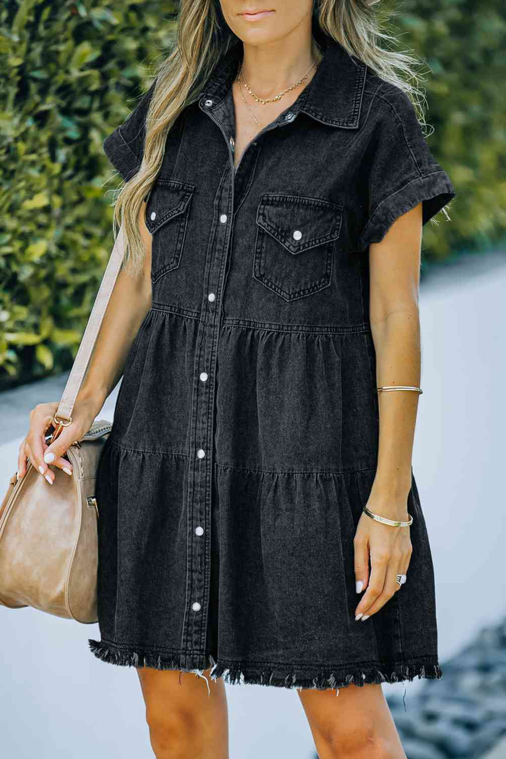 Button Front Raw Hem Denim Dress - Grit & Grace Designs