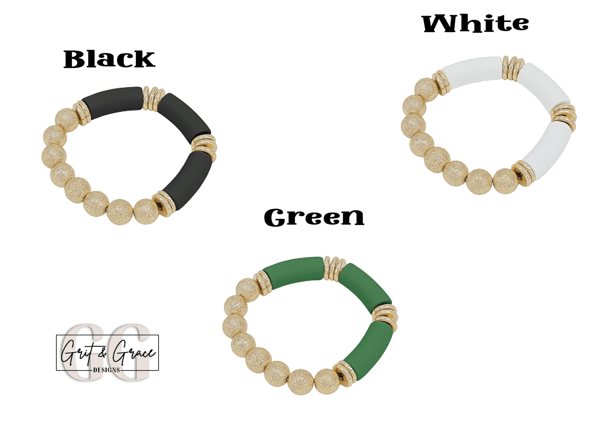 Gold Textured Beaded with White Green or Black Wood Bar Stretch Bracelets - Grit & Grace Designs