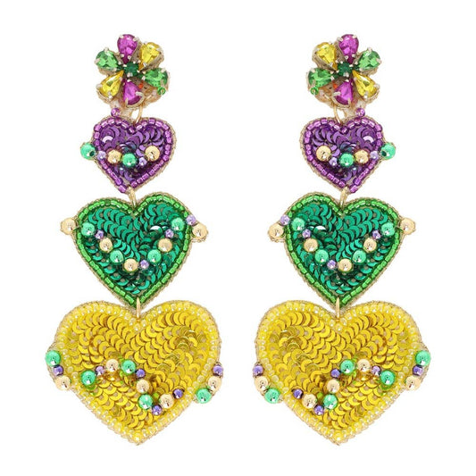 Mardi Gras Gemstone Beaded Heart Drop Earrings E13982PUMT - Grit & Grace Designs